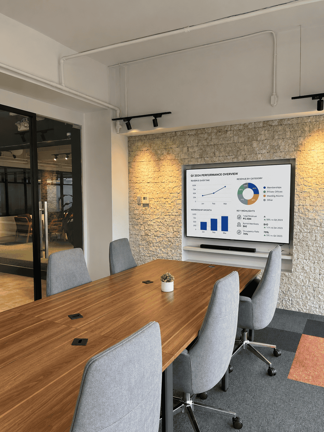 Meeting room with a conference table, upholstered chairs, and presentation screen